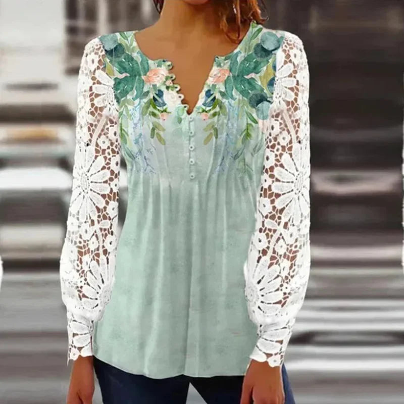 Lace Long Sleeve Pleated Blouse