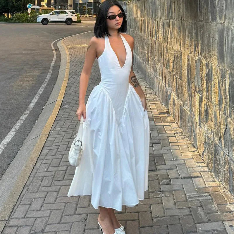 Deep V Halterneck Large Hem Dress