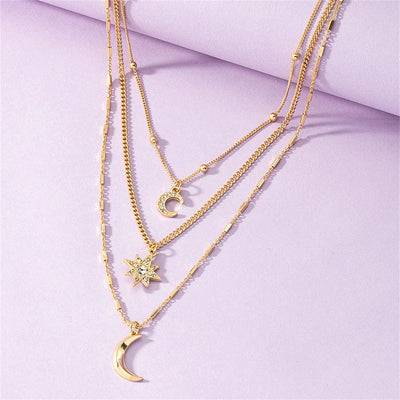 Gold-Plated Crystal Moon Sun Pendant Necklace