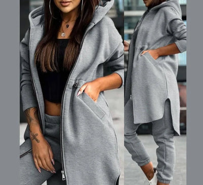 Hooded Long Coat & Mid-Waist Pencil Pants Set