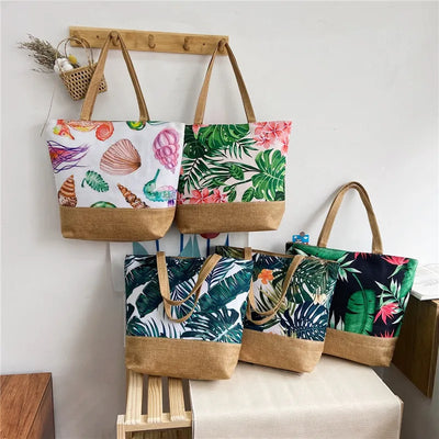 Floral Print Canvas Beach Totes