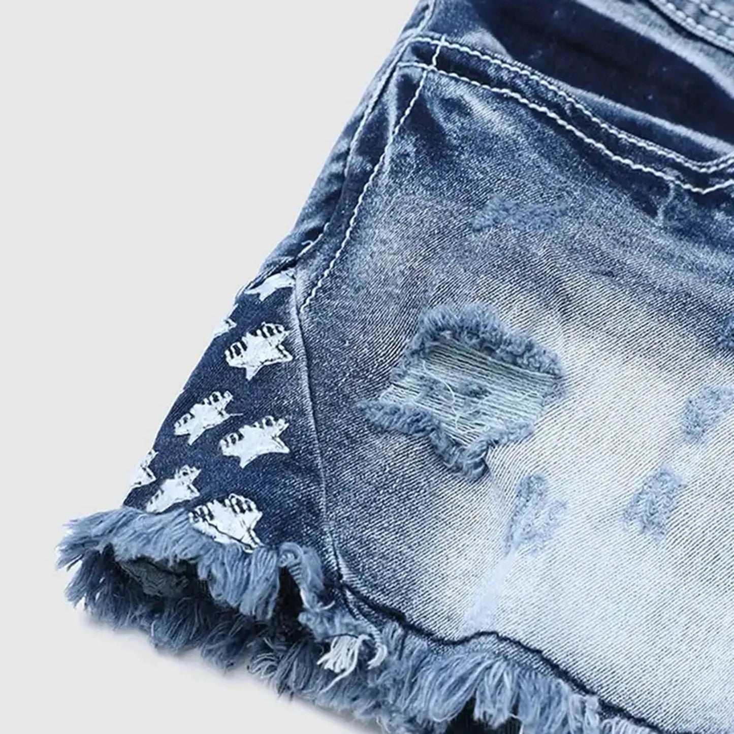 Retro Print Distressed Denim Shorts
