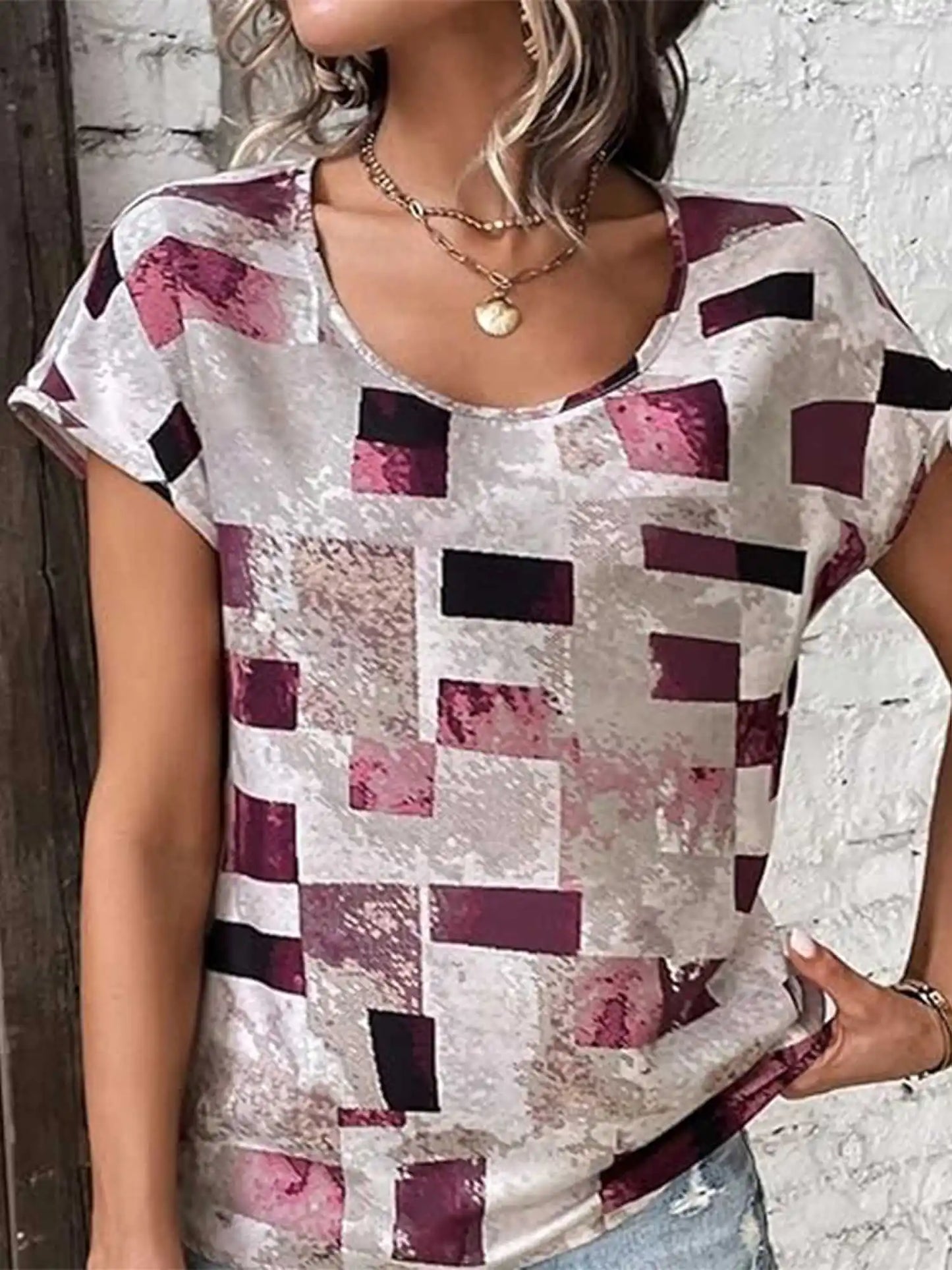 Square Print Short Sleeve Round Neck T-Shirt