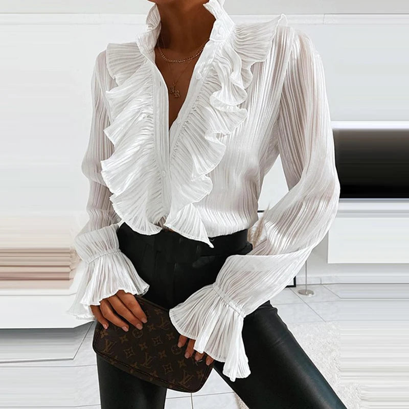 Ruffled Long Sleeve Button Blouse