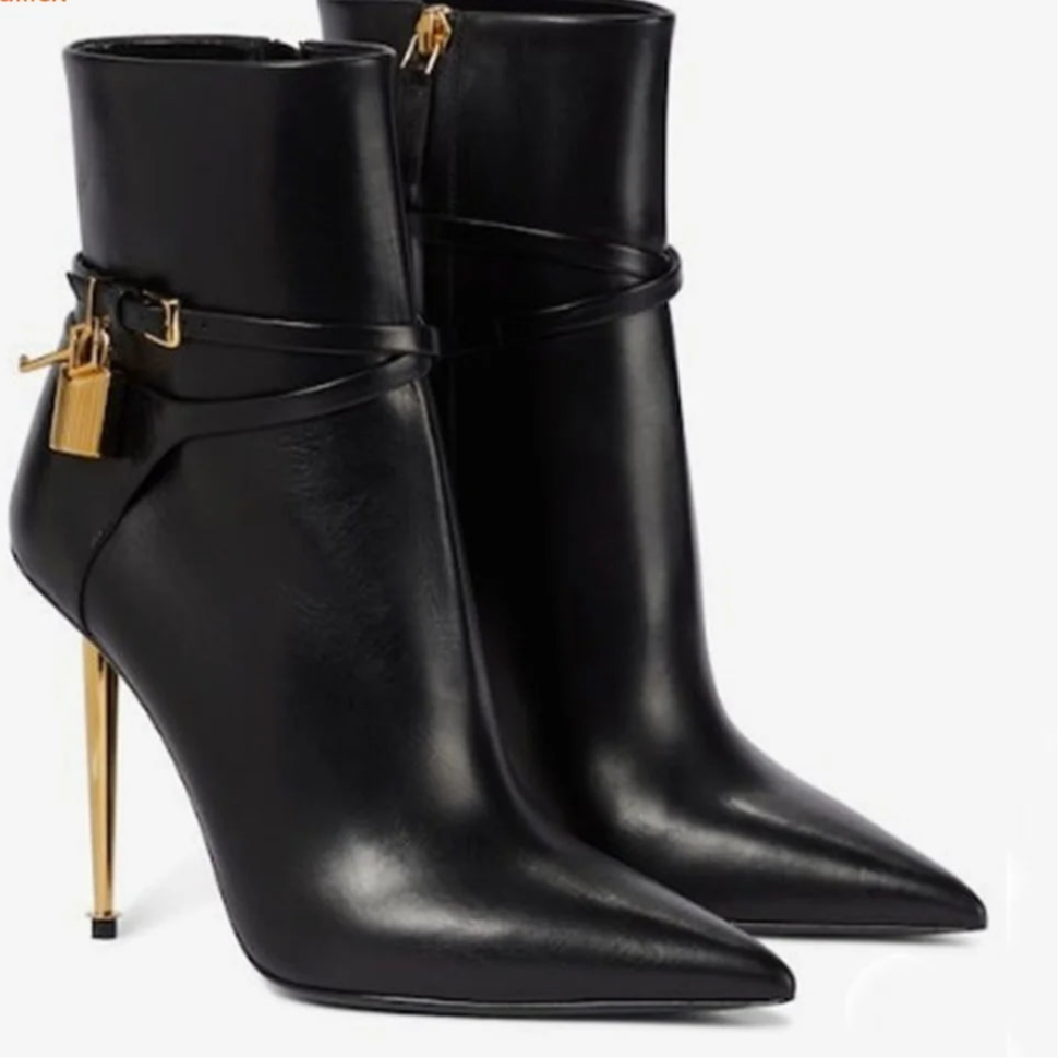 Gold Lock Solid Color Pointed Toe Ankle Boots