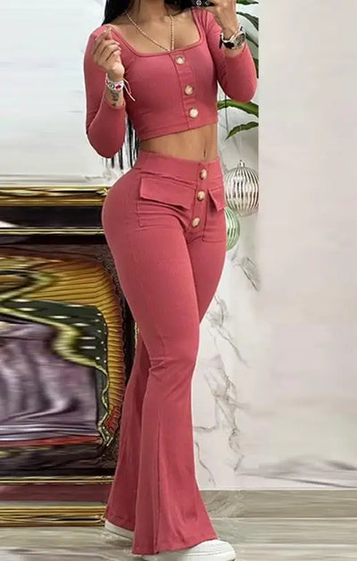 Square Neck Buttoned Top & Pocket Flared Pants Set