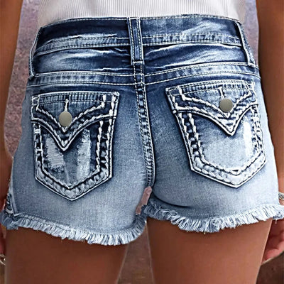 Retro Print Distressed Denim Shorts