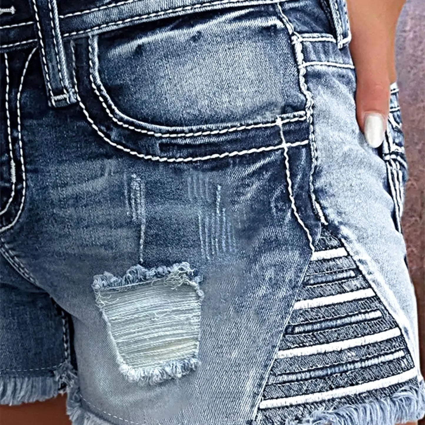 Retro Print Distressed Denim Shorts