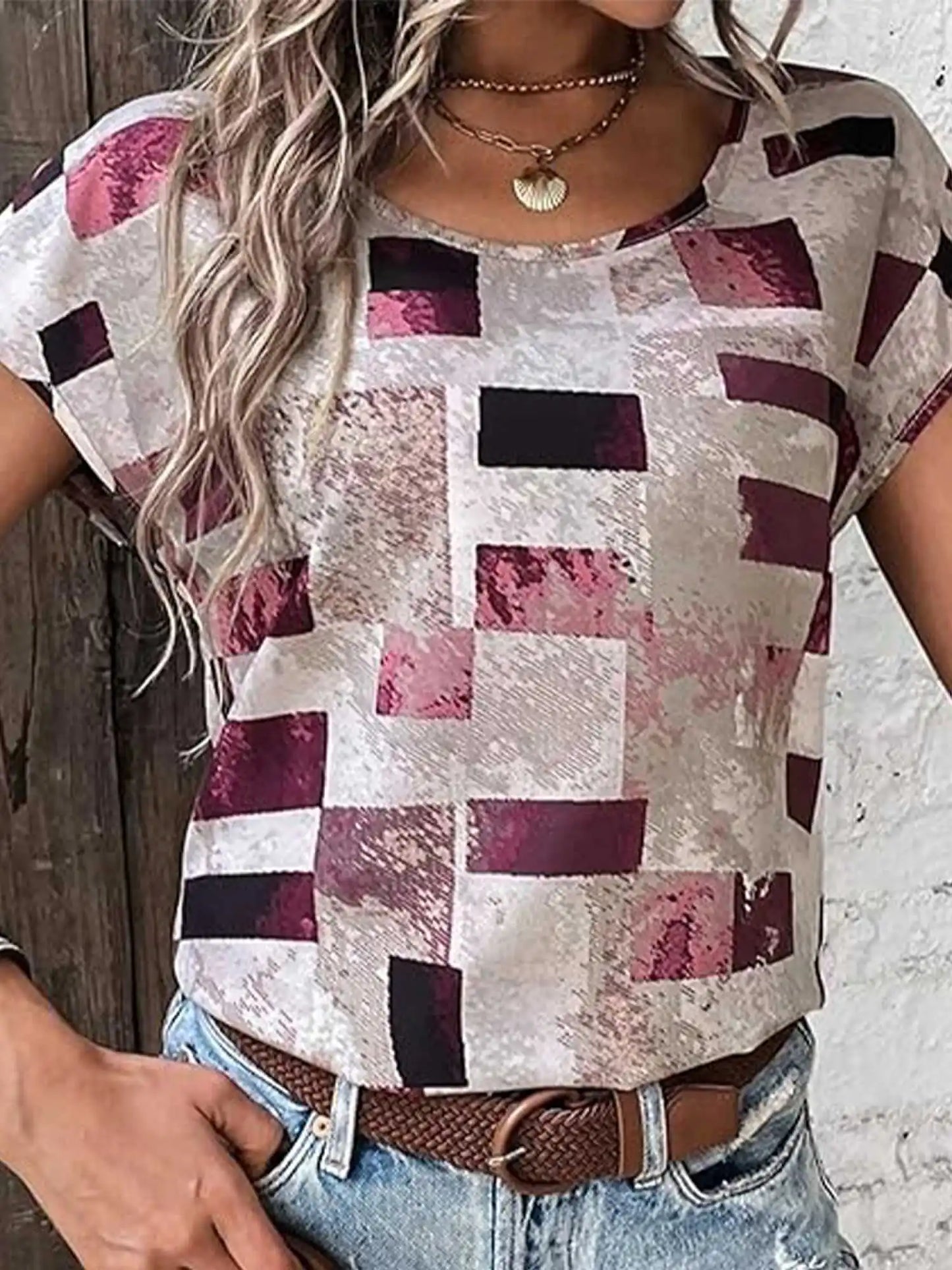 Square Print Short Sleeve Round Neck T-Shirt