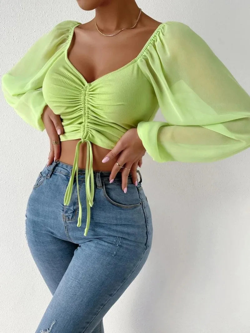 Women's Fitted Puff Sleeve Square Neck Crop Top