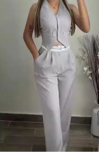 Women's Two-piece V-neck Button-up Tank & Pant Set