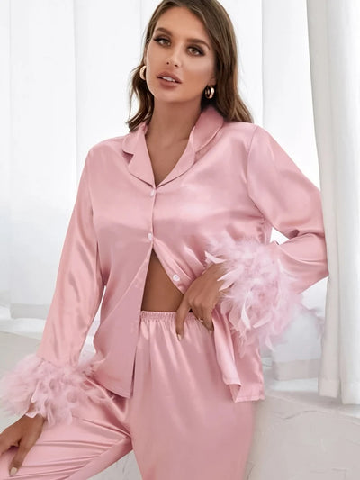 Silky Satin Pajamas With Feather Accents