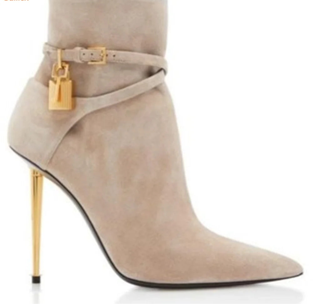 Gold Lock Solid Color Pointed Toe Ankle Boots