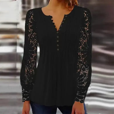 Lace Long Sleeve Pleated Blouse