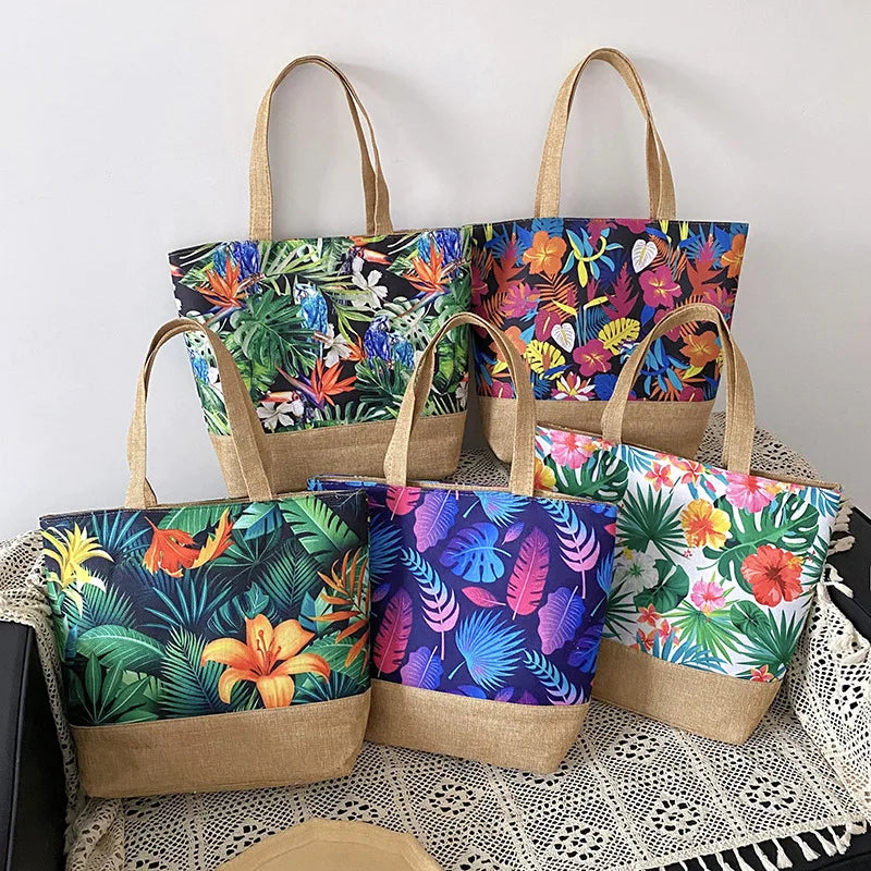 Floral Print Canvas Beach Totes